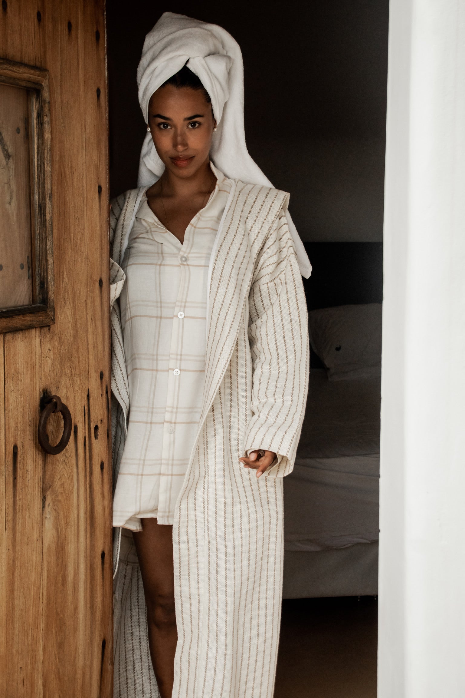 Yarn dyed open weave bathrobe